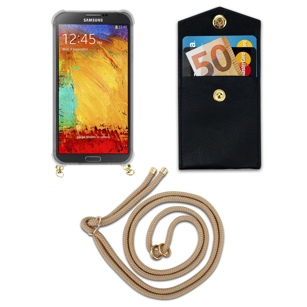 Uno smartphone in custodia, una tasca nera con denaro e carte, e un cordino.