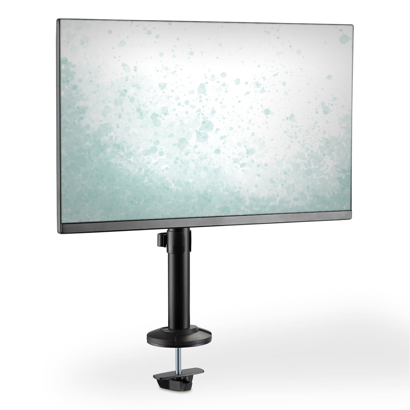 Ein Monitor mit schwarzer Halterung und Klemme, der auf einem weißen Hintergrund steht.