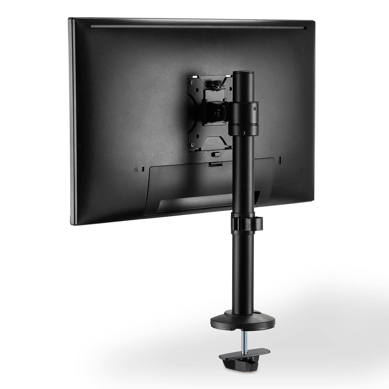 Rückseite eines schwarzen Monitors auf einem verstellbaren Arm mit Klemme.