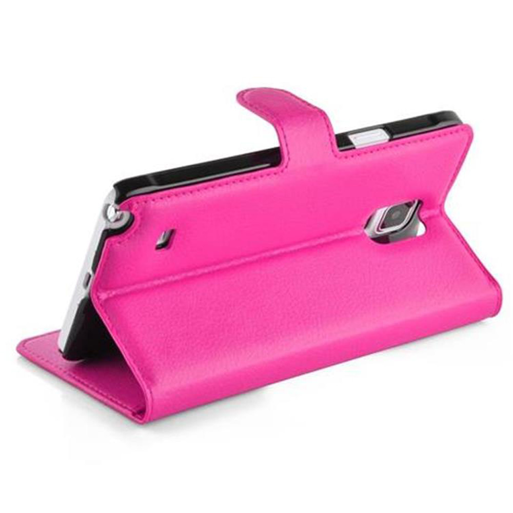 Ein pinker Handyhülle mit einer Klappe und einem Ständer.