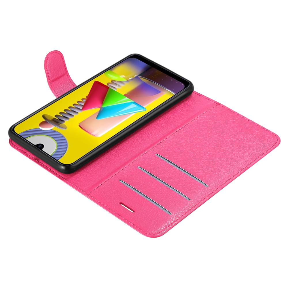 Una custodia rosa per telefono con lo schermo aperto, che mostra forme geometriche colorate.