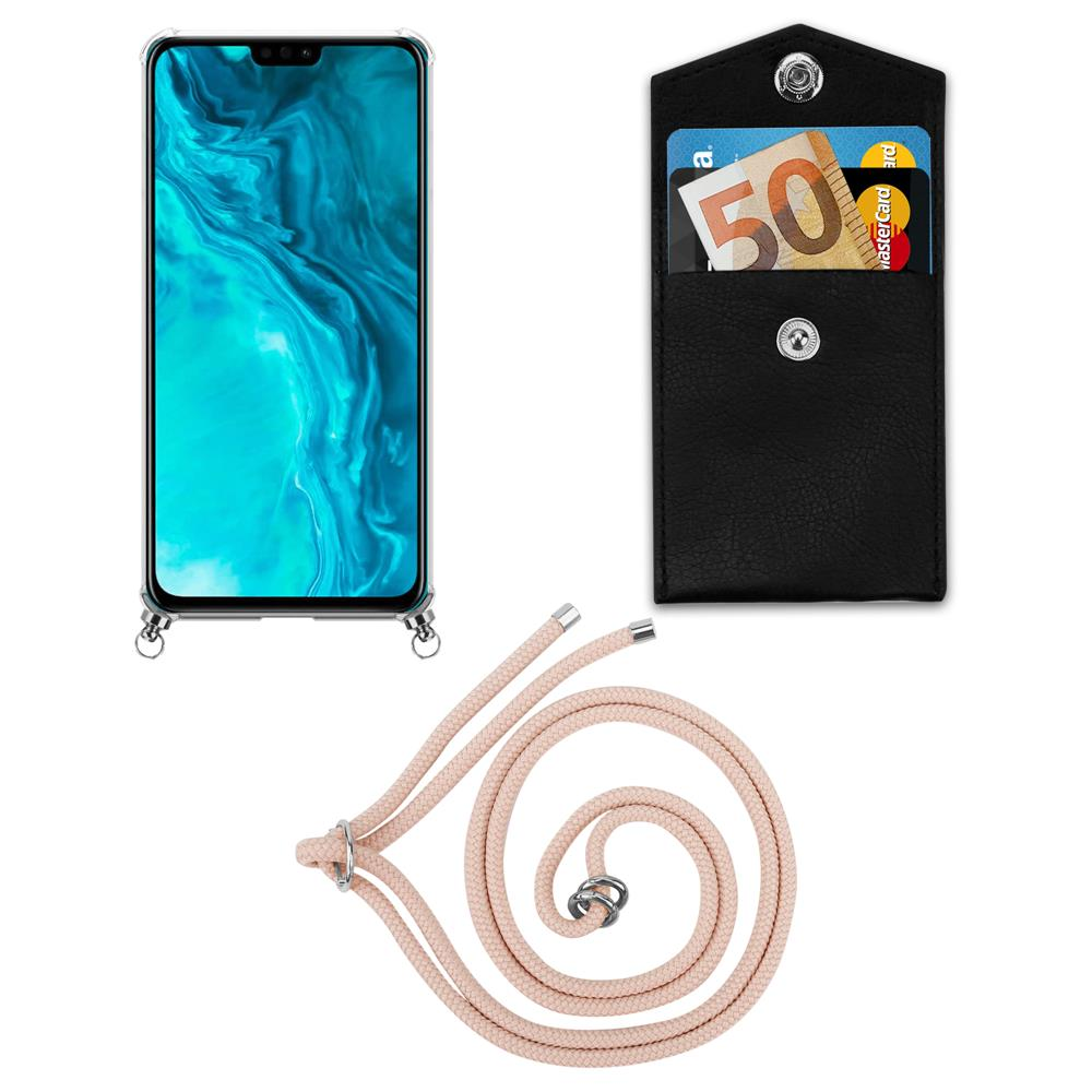 Uno smartphone in custodia, una tasca nera con soldi e carte, e un cordino.