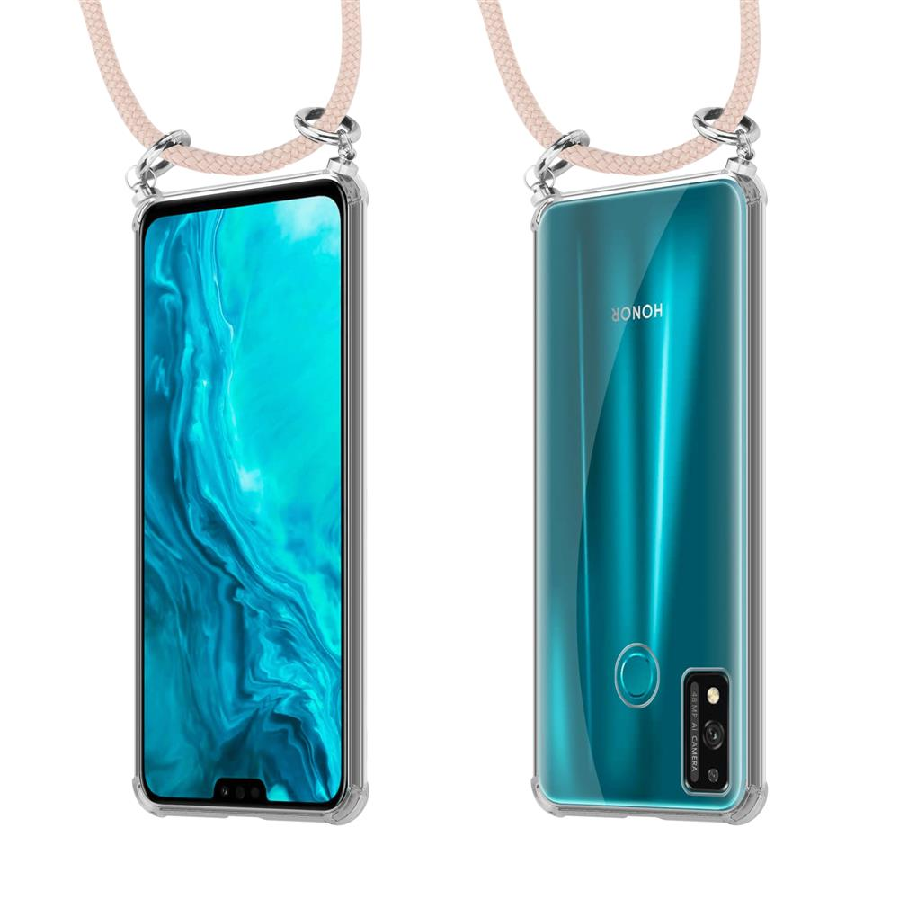 Uno smartphone in custodia con cinturino, viste frontale e posteriore.