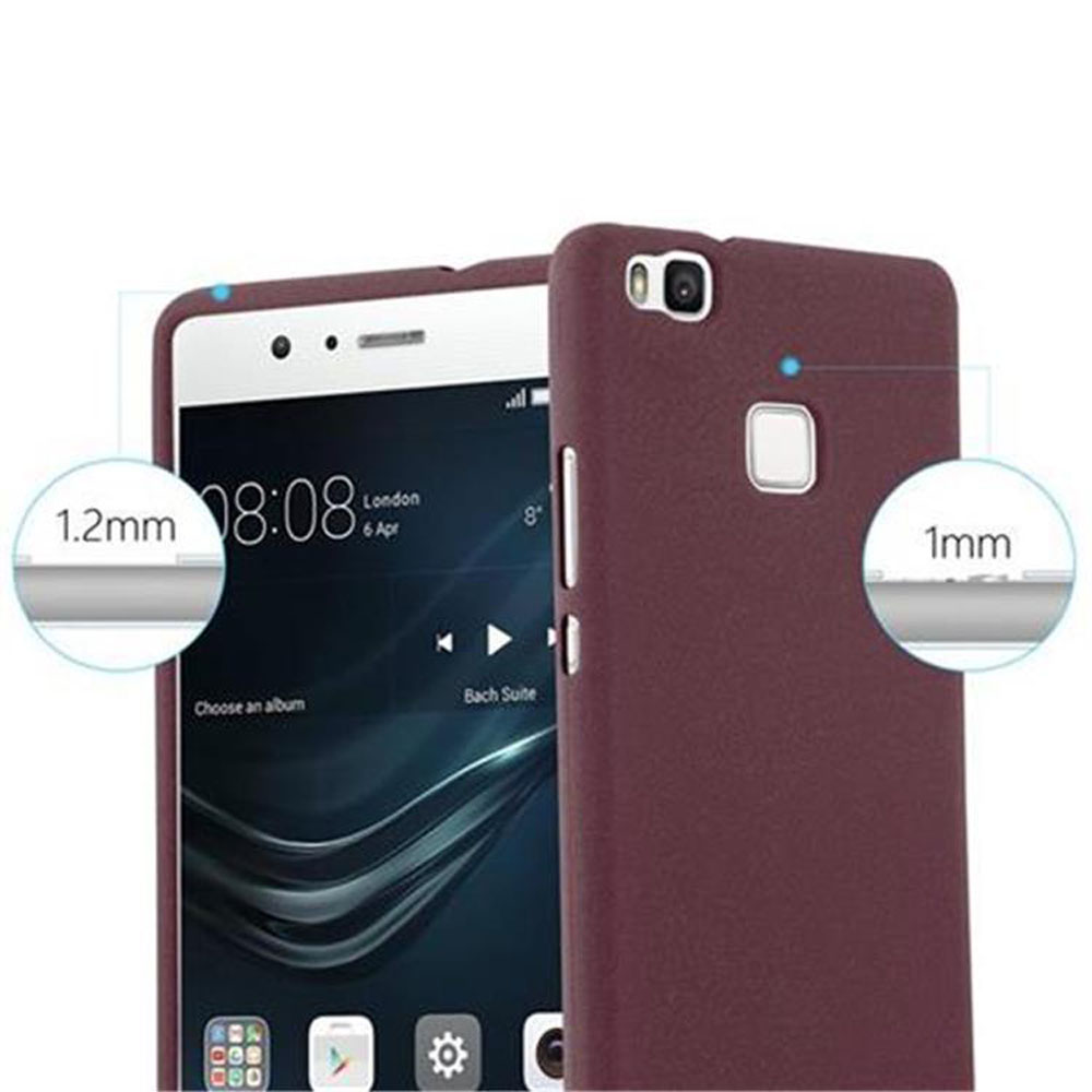 Un teléfono burdeos con funda protectora. Muestra grosores de 1,2mm y 1mm.
