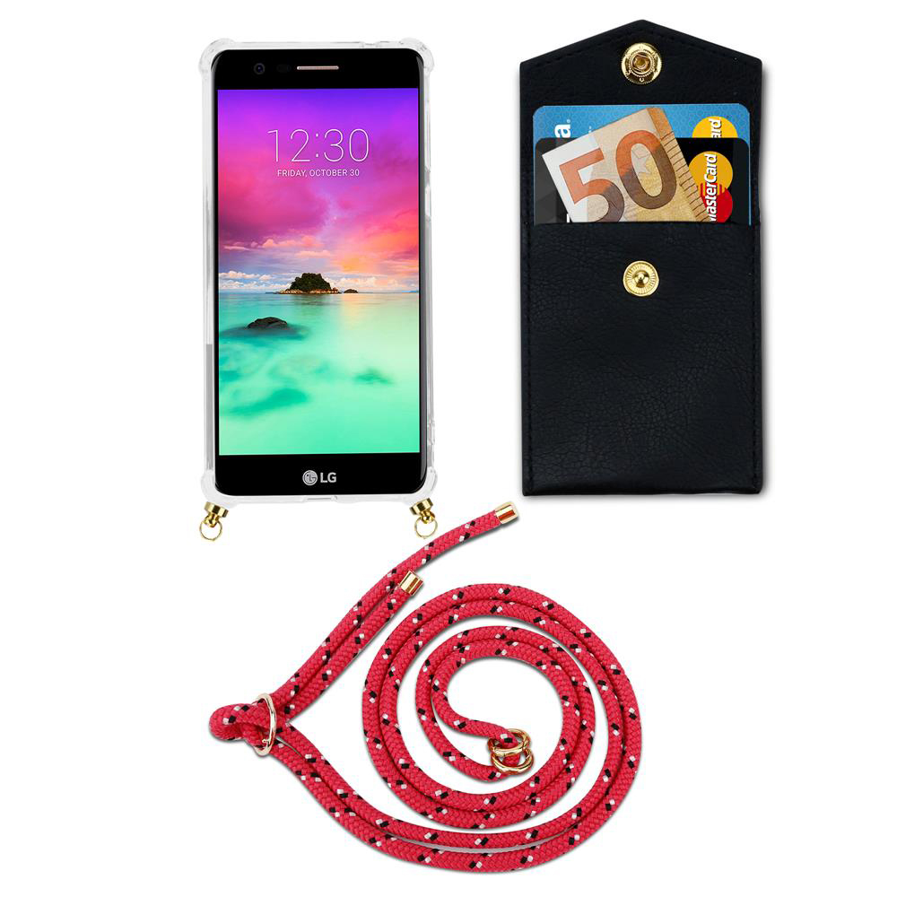 Smartphone mit Hülle, schwarzes Portemonnaie mit Geld und Karten, rotes Seil.
