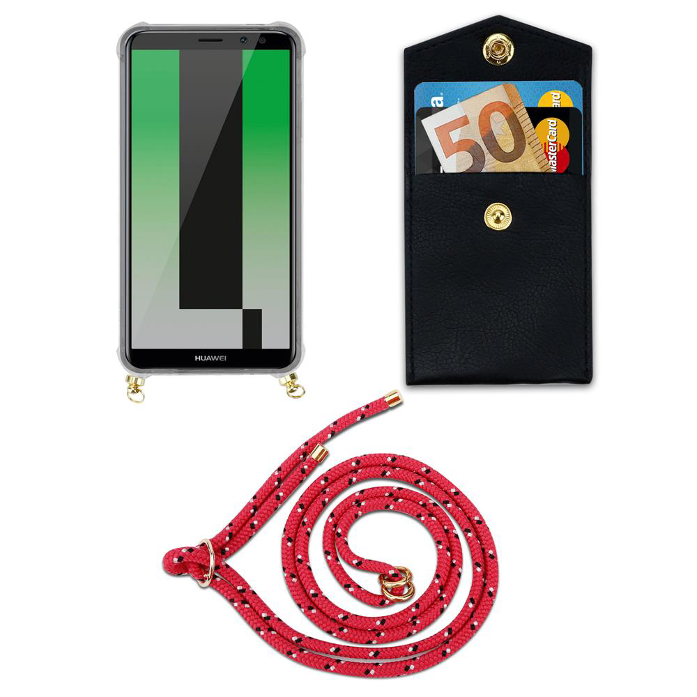 Telefono Huawei con custodia nera, banconota e carta, cordino rosso.