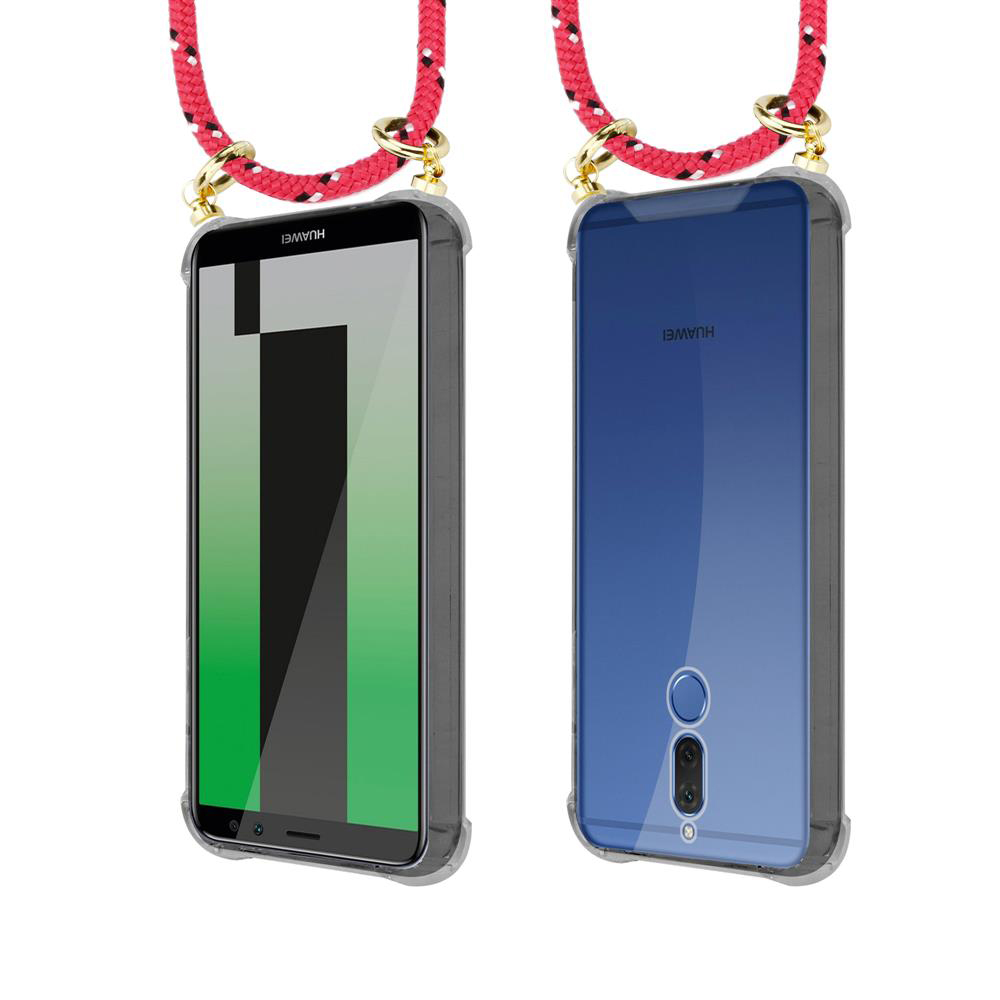 Due smartphone Huawei con cordini rossi, uno con schermo verde, l'altro blu.