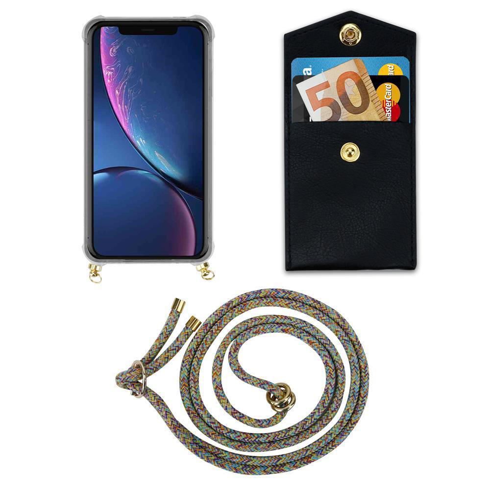 Smartphone con custodia, portafoglio nero con soldi e carta, corda colorata.