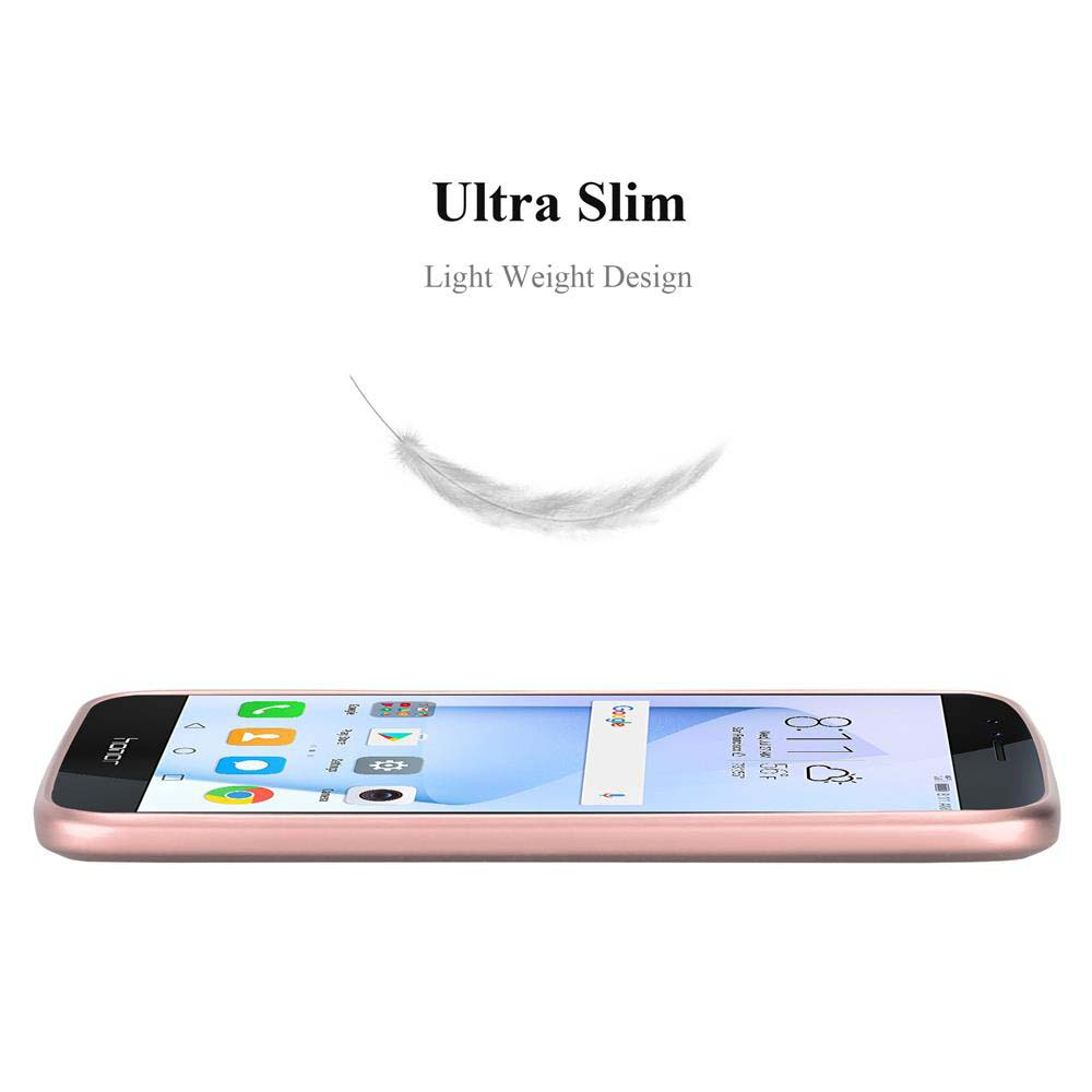 Ein schlankes, rosafarbenes Smartphone mit einem Feder-Symbol und Text.
