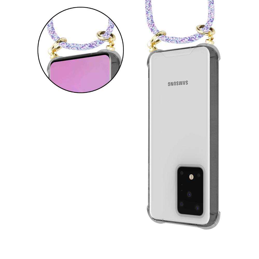 Uno smartphone in custodia trasparente con laccetto attaccato in alto.