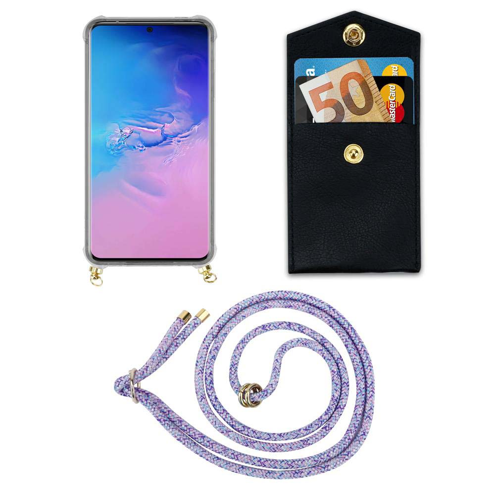 Smartphone in custodia, portafoglio nero con banconota da 50€ e carte, cordino viola.
