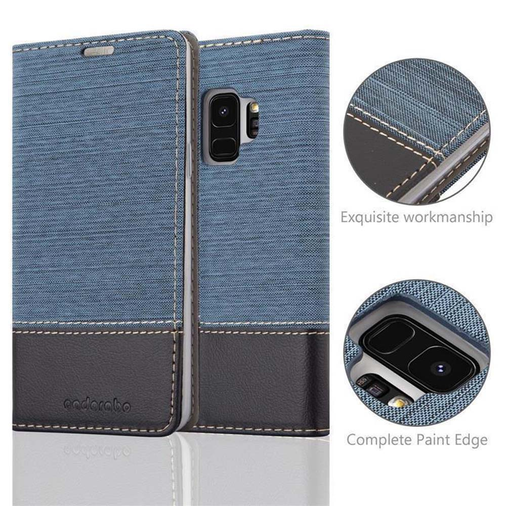 Blaues Handycover aus Stoff und Leder mit Kameras und Nähten.
