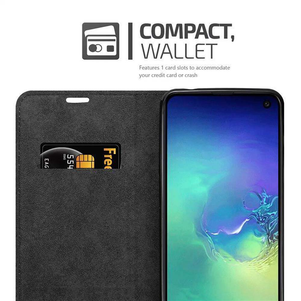 Schwarzes Wallet-Flipcover mit einer Karte und einem Smartphone.