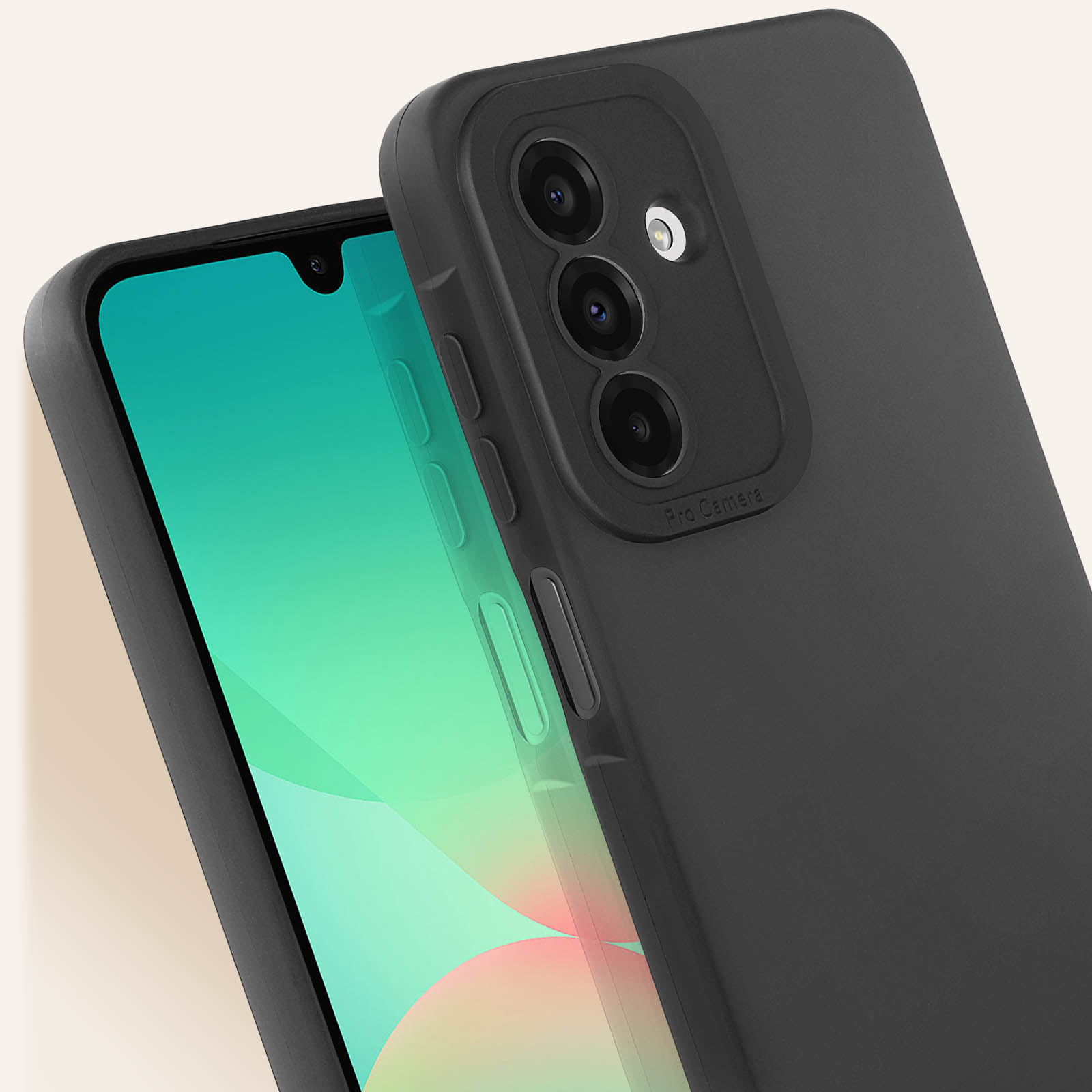 Telefono nero con tripla fotocamera e schermo verde.
