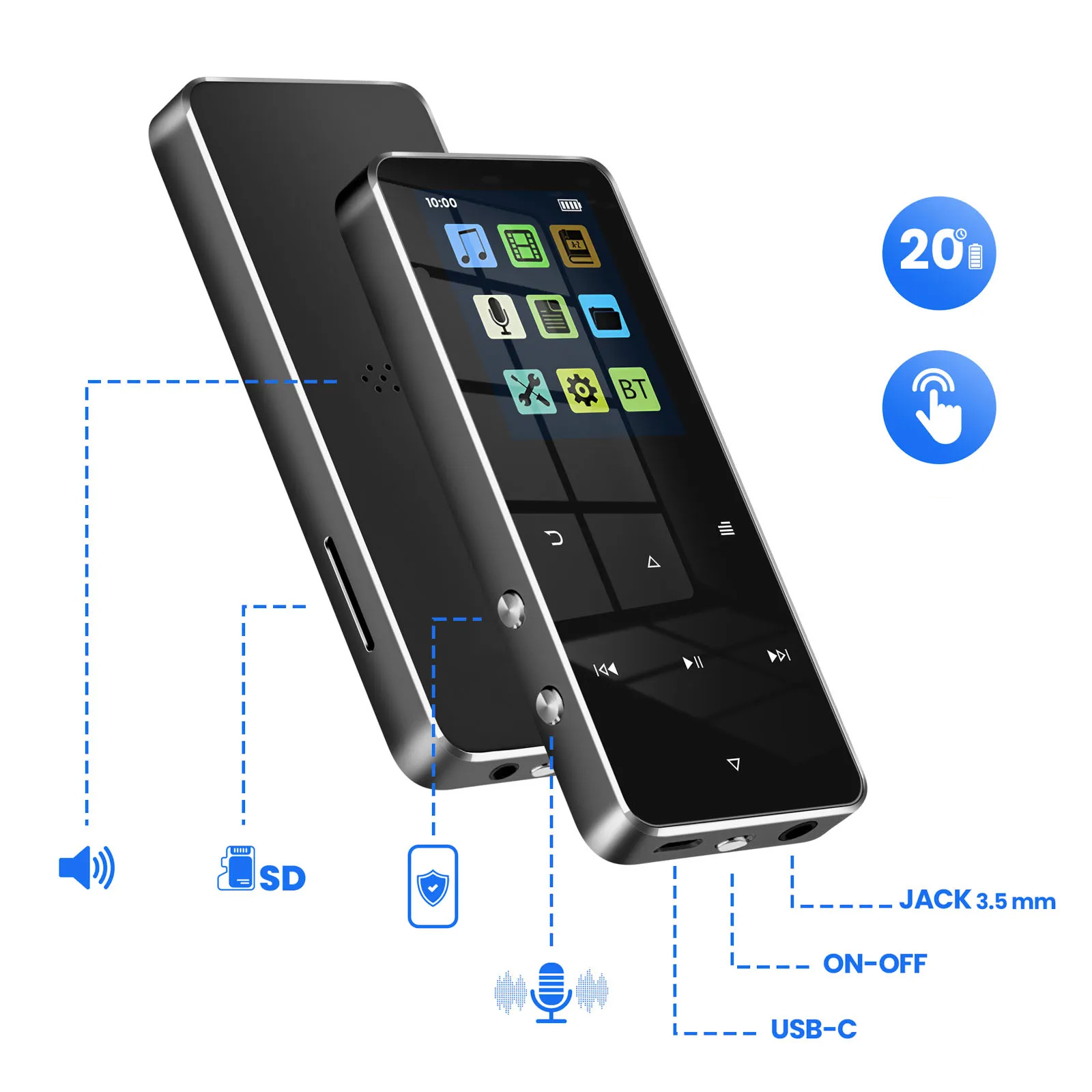 Lettore musicale nero con touchscreen che mostra icone. Porte etichettate.