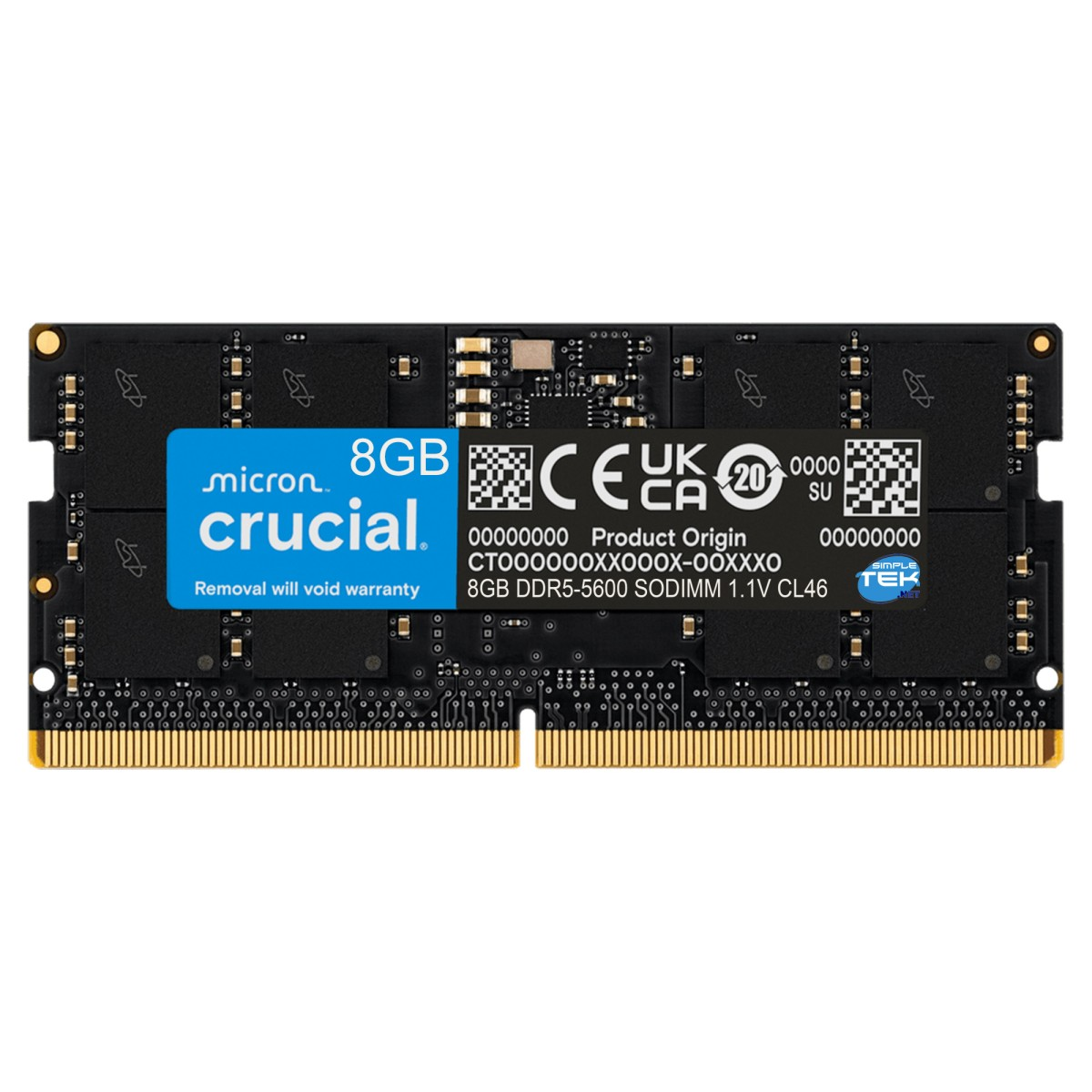 8GB Crucial DDR5-5600 SODIMM RAM-module met CE en UKCA-keurmerk.