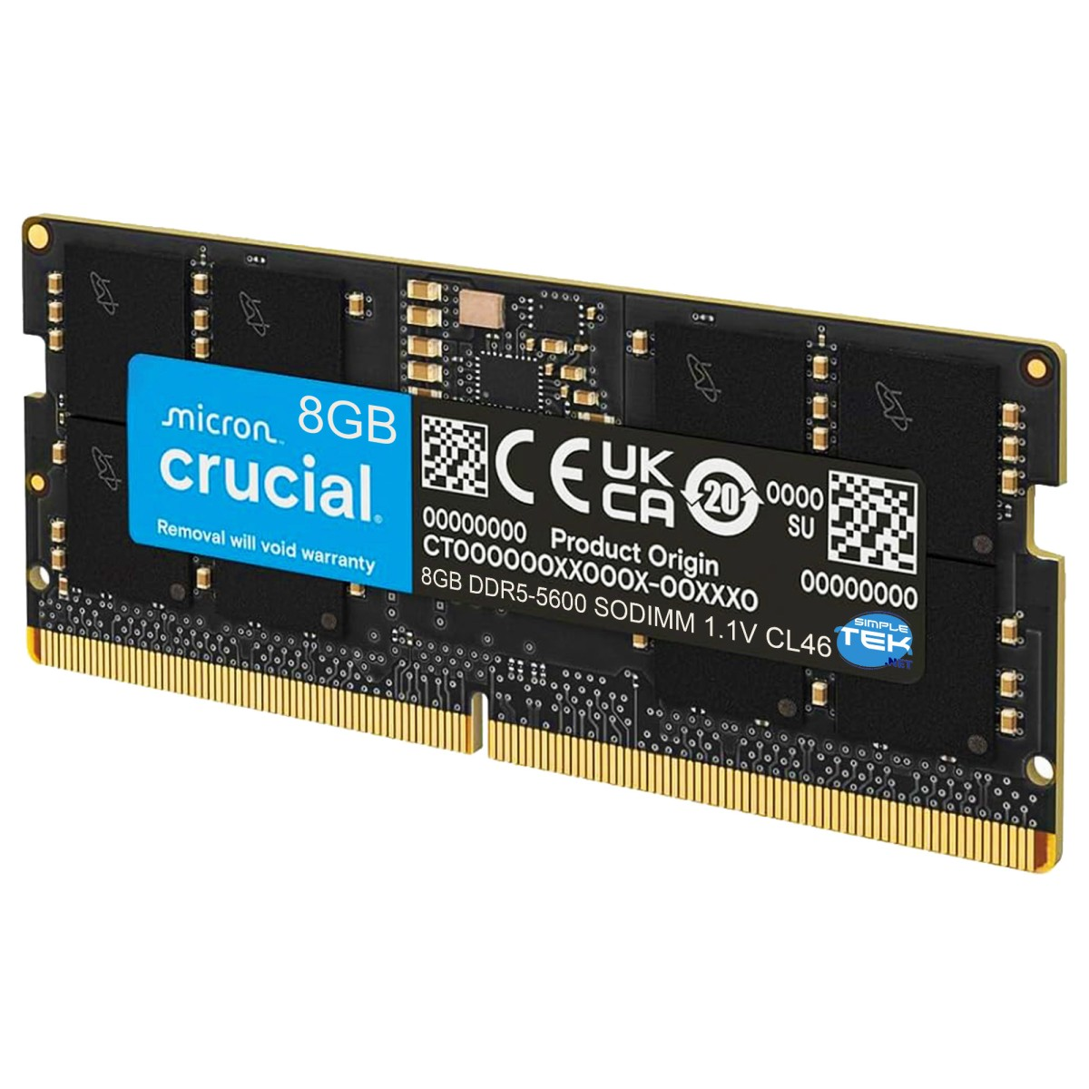 Een Crucial 8GB DDR5-5600 SODIMM RAM-module met gouden contacten.