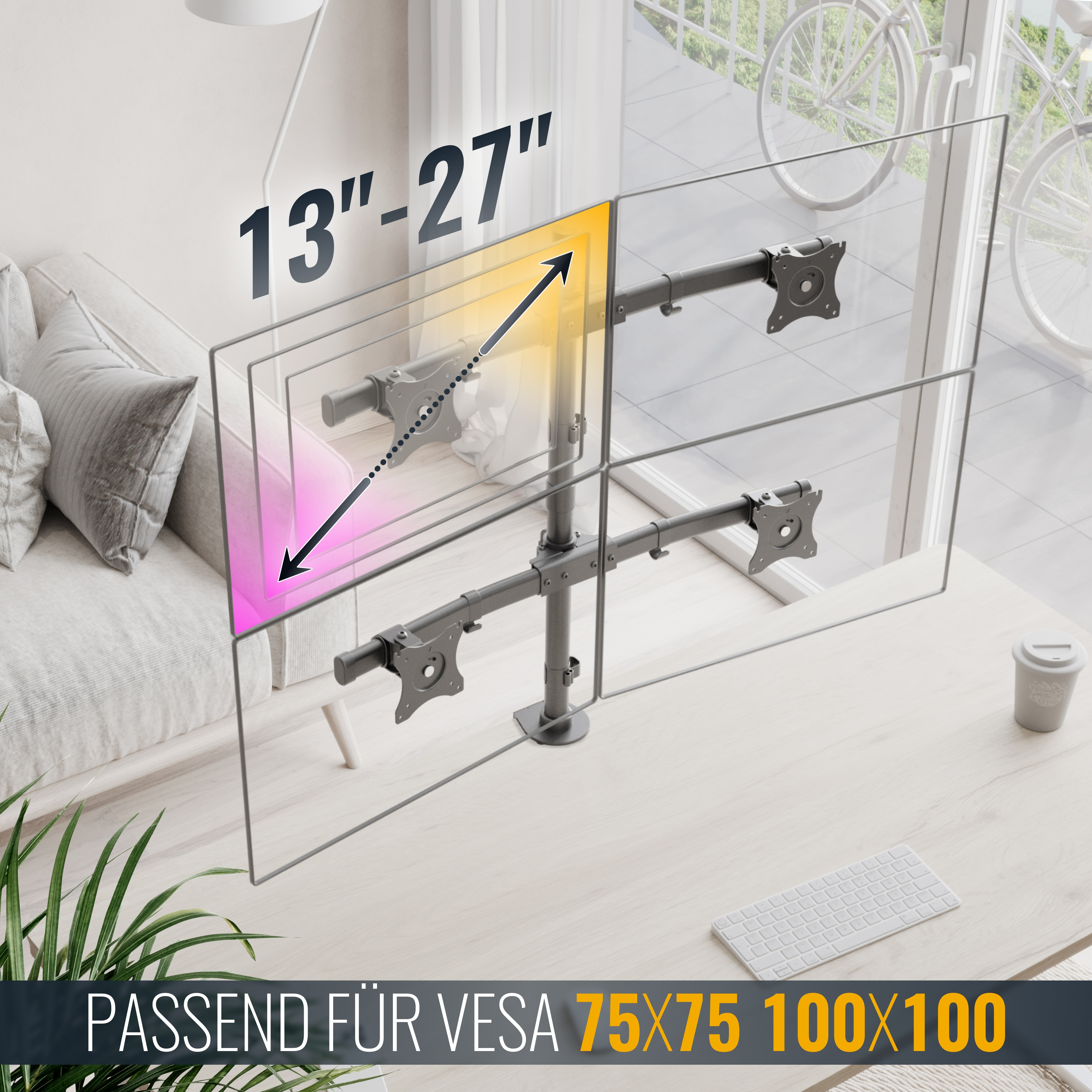 Ein Monitorständer für 13-27 Zoll Bildschirme mit VESA 75x75/100x100.