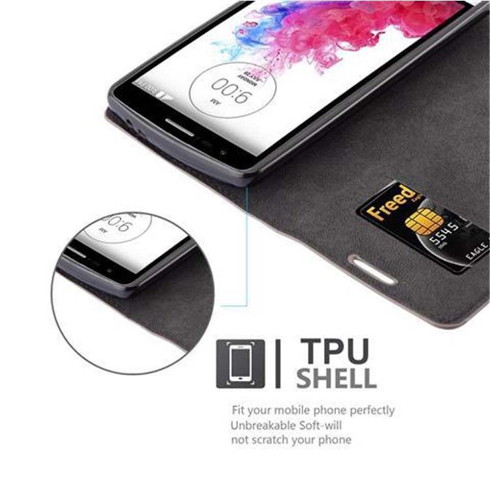 Smartphone en funda tipo libro con tarjeta de crédito y texto 'TPU SHELL'.