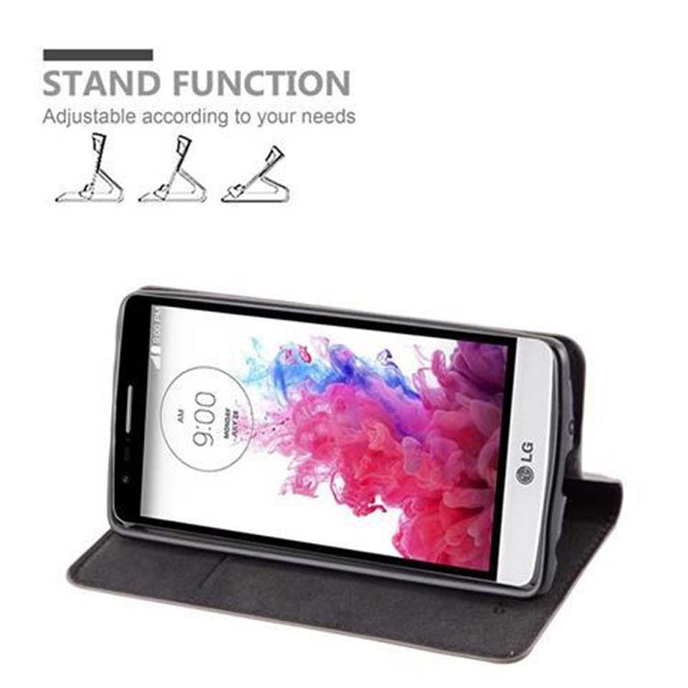 Teléfono LG en funda negra, mostrando función de soporte. Hora 9:00 AM.