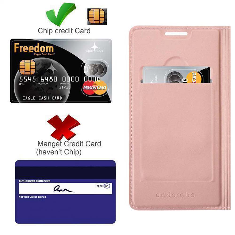 Un porta carte rosa con carta di credito "Freedom" e carta di credito con chip.