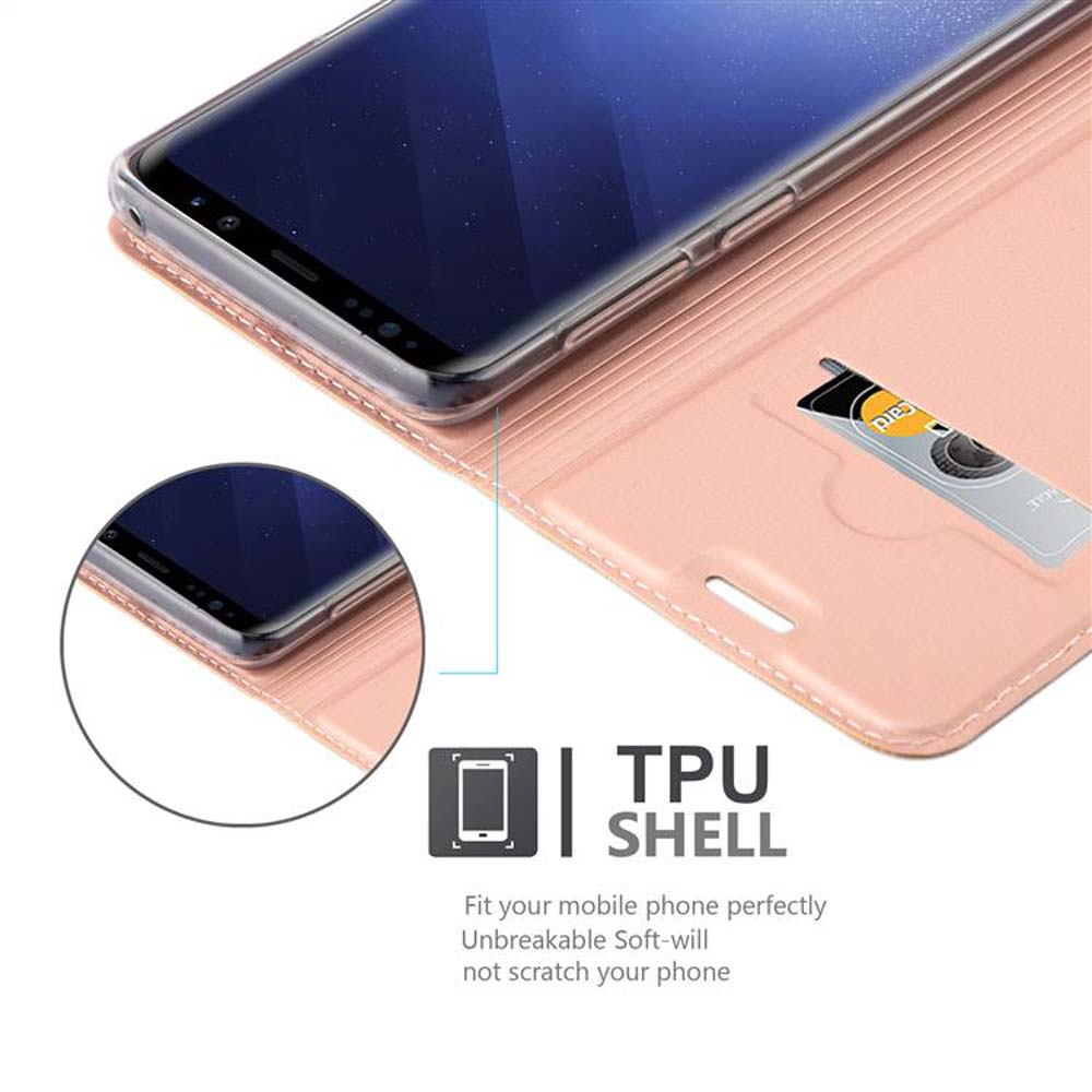 Una custodia rosa per telefono con un telefono, una carta e la scritta "TPU SHELL".