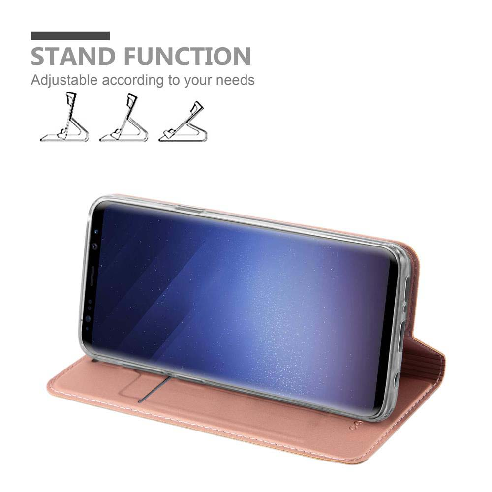 Uno smartphone in una custodia rosa con funzione stand.