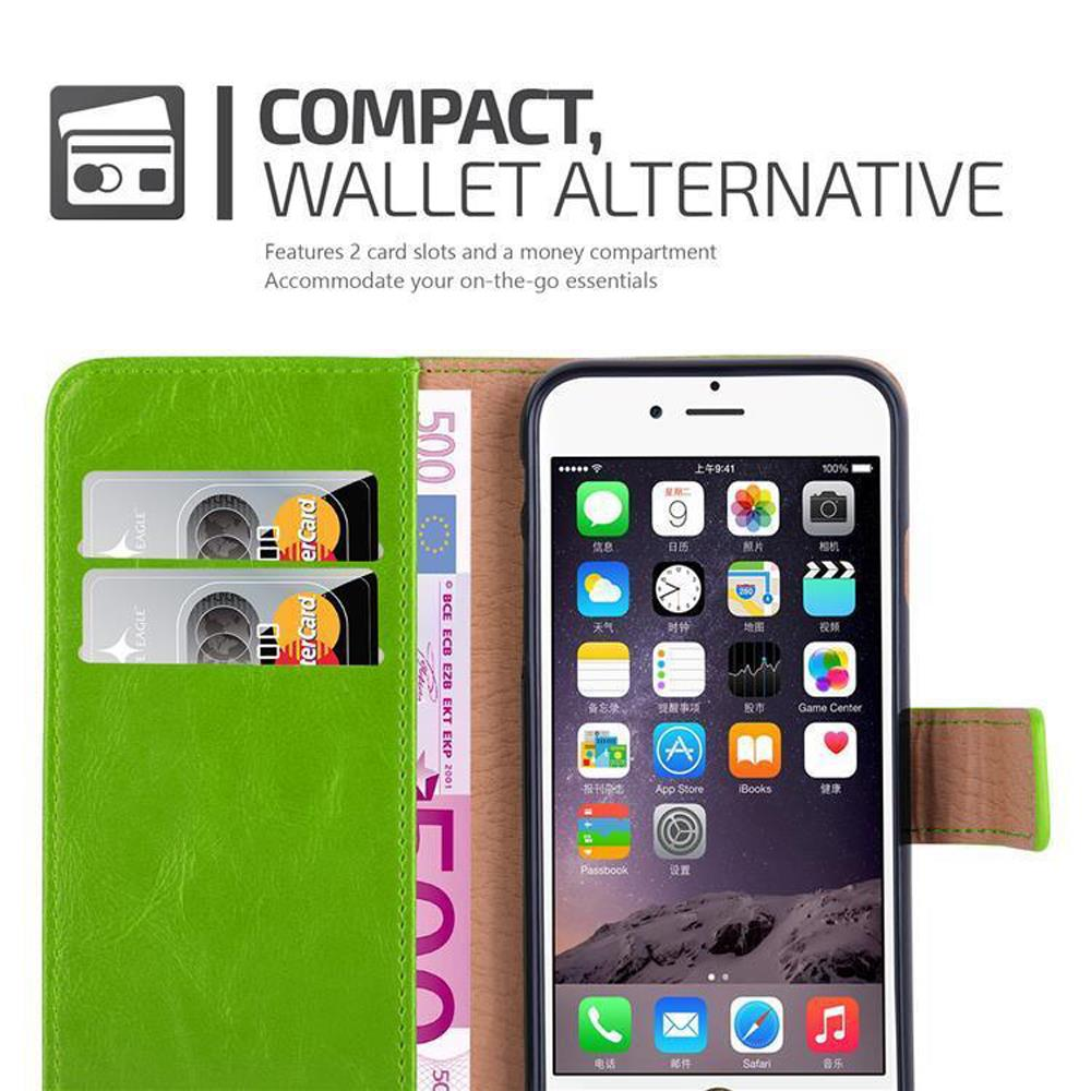 Portafoglio verde con due fessure per carte e un telefono.