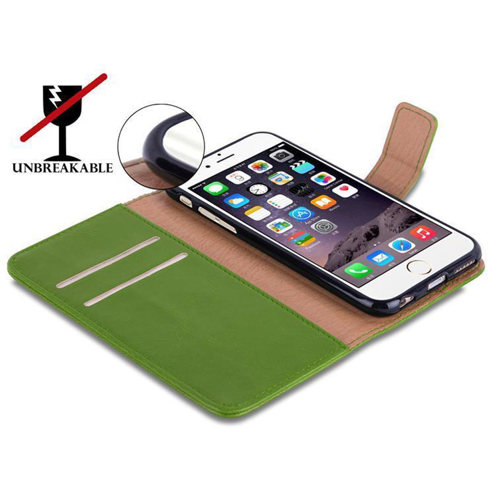 Custodia verde per iPhone con telefono che mostra app. Immagine mostra simbolo 'Indistruttibile'.