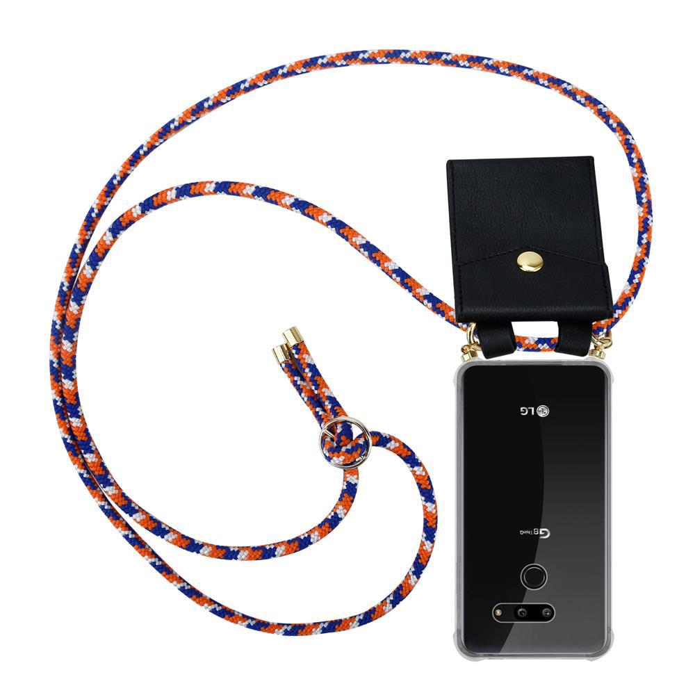 Schwarze Handyhülle mit orange-blauem Lanyard und kleiner Tasche.