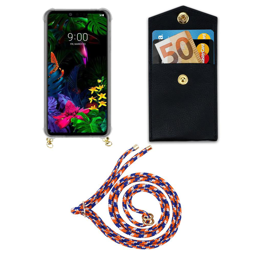 Smartphone mit Hülle, Geldbeutel mit Karten und eine Kordel auf weißem Hintergrund.