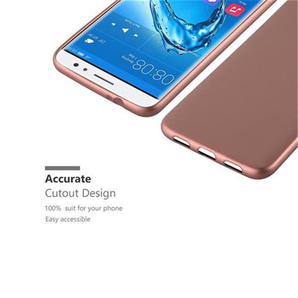 Un teléfono color oro rosa con una funda al lado. La pantalla muestra 08:08.