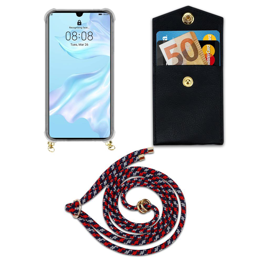 Uno smartphone in una custodia, un portafoglio con soldi e carte, e un cordino.