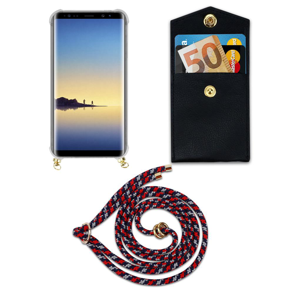 Smartphone con custodia trasparente, portafoglio con soldi e carta.
