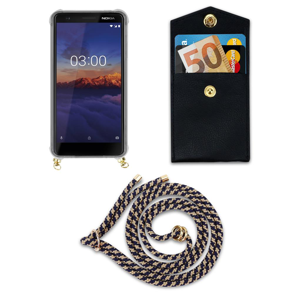 Ein Nokia-Smartphone mit einer Hülle, einer Brieftasche mit Geld und Karten und einer Kordel.