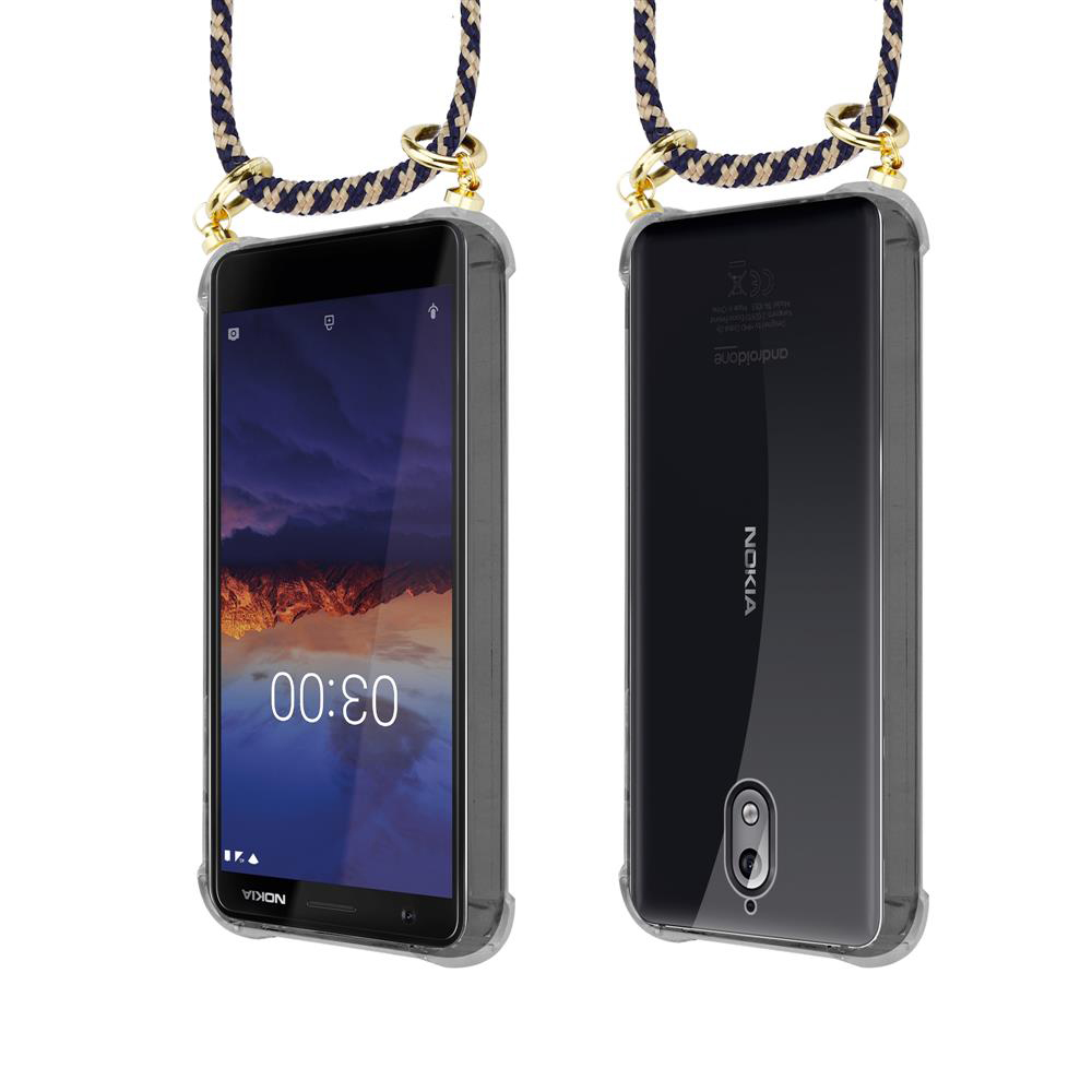 Ein Smartphone mit transparentem Gehäuse und einem Lanyard, das oben befestigt ist.