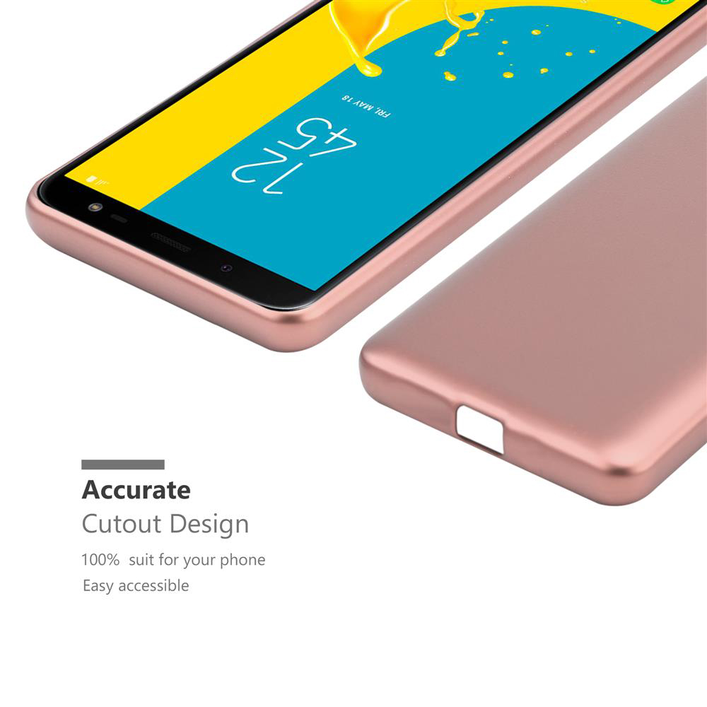 Un telefono e una cover oro rosa con dettaglio ritagliato su sfondo bianco.