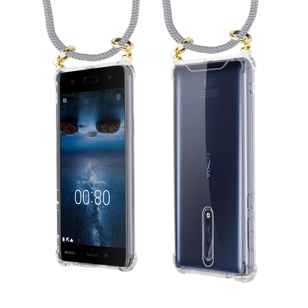 Zwei Nokia Handys mit transparentem Case und Lanyard, Vorder- und Rückansicht.