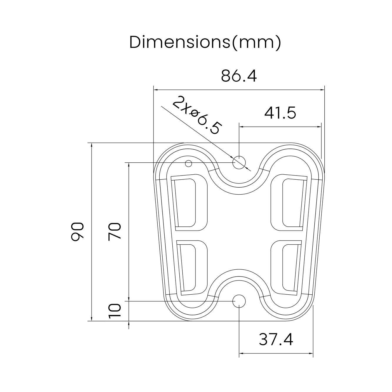Dessin technique avec dimensions. Principalement espace blanc avec lignes noires.