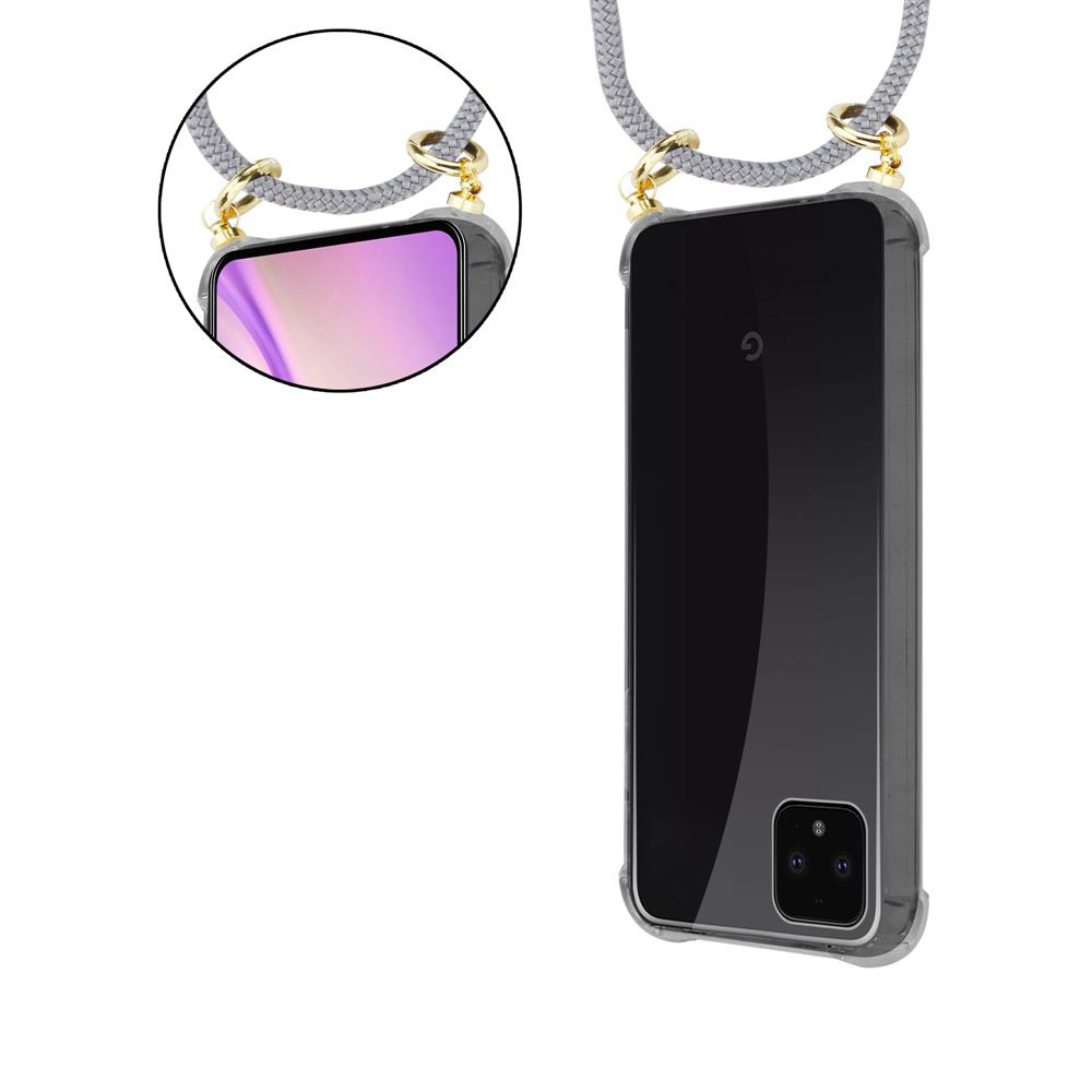 Ein schwarzes Smartphone in einer transparenten Hülle mit einem grauen Band.