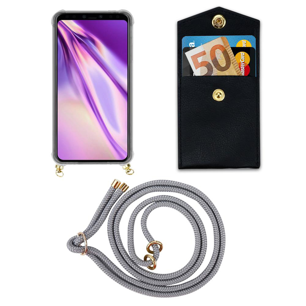 Ein Handy in einer klaren Hülle, ein schwarzer Kartenhalter mit Bargeld und Karten, und eine graue Lanyard.