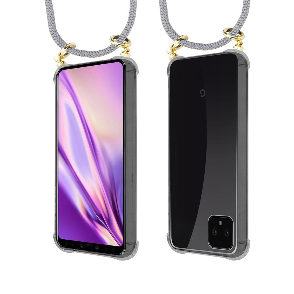 Smartphone mit Lanyard, Vorder- und Rückansicht in transparentem Gehäuse.