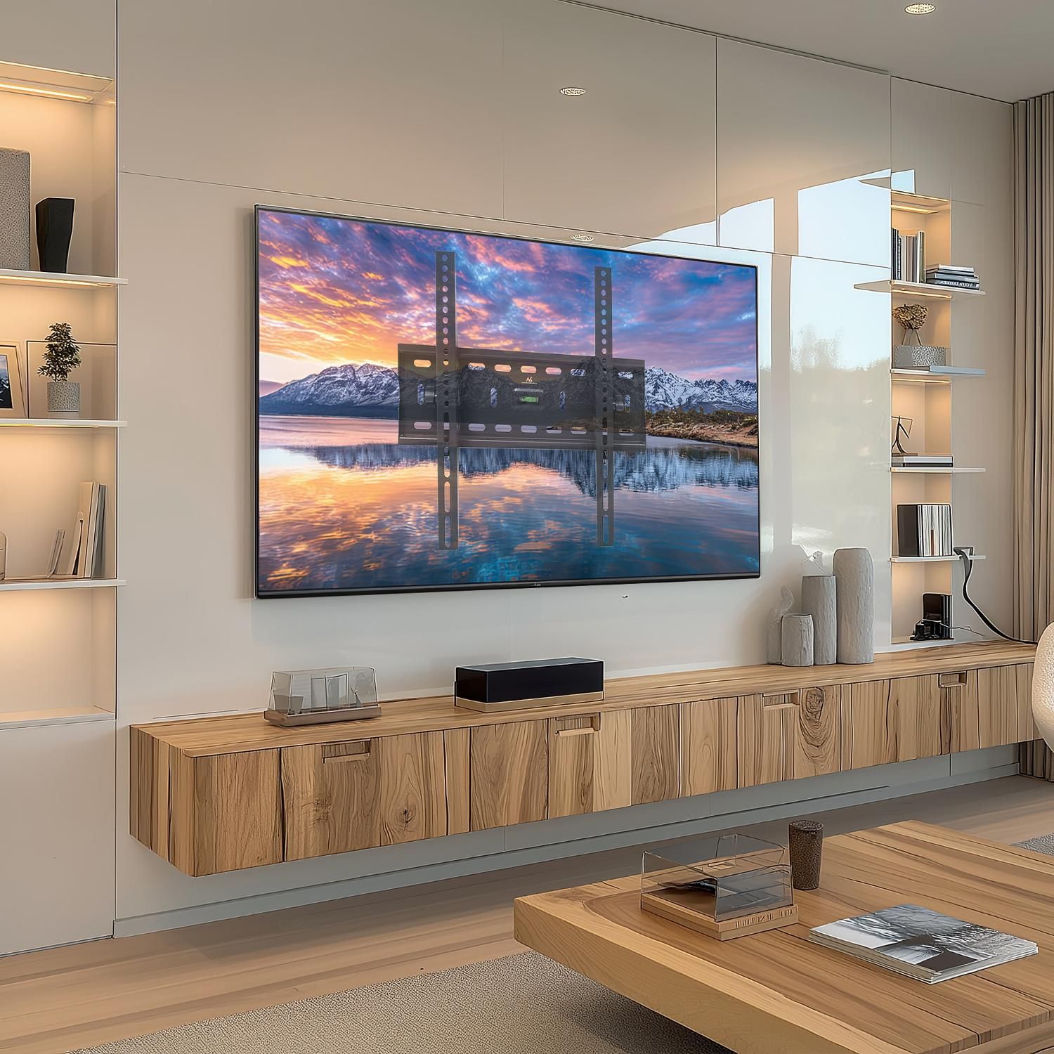 Un salon moderne avec une grande télévision à écran plat affichant un paysage de lac de montagne.