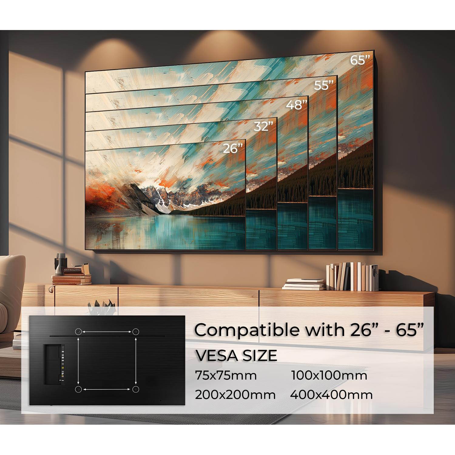 Différentes tailles de TV de 26" à 65" et tailles VESA.