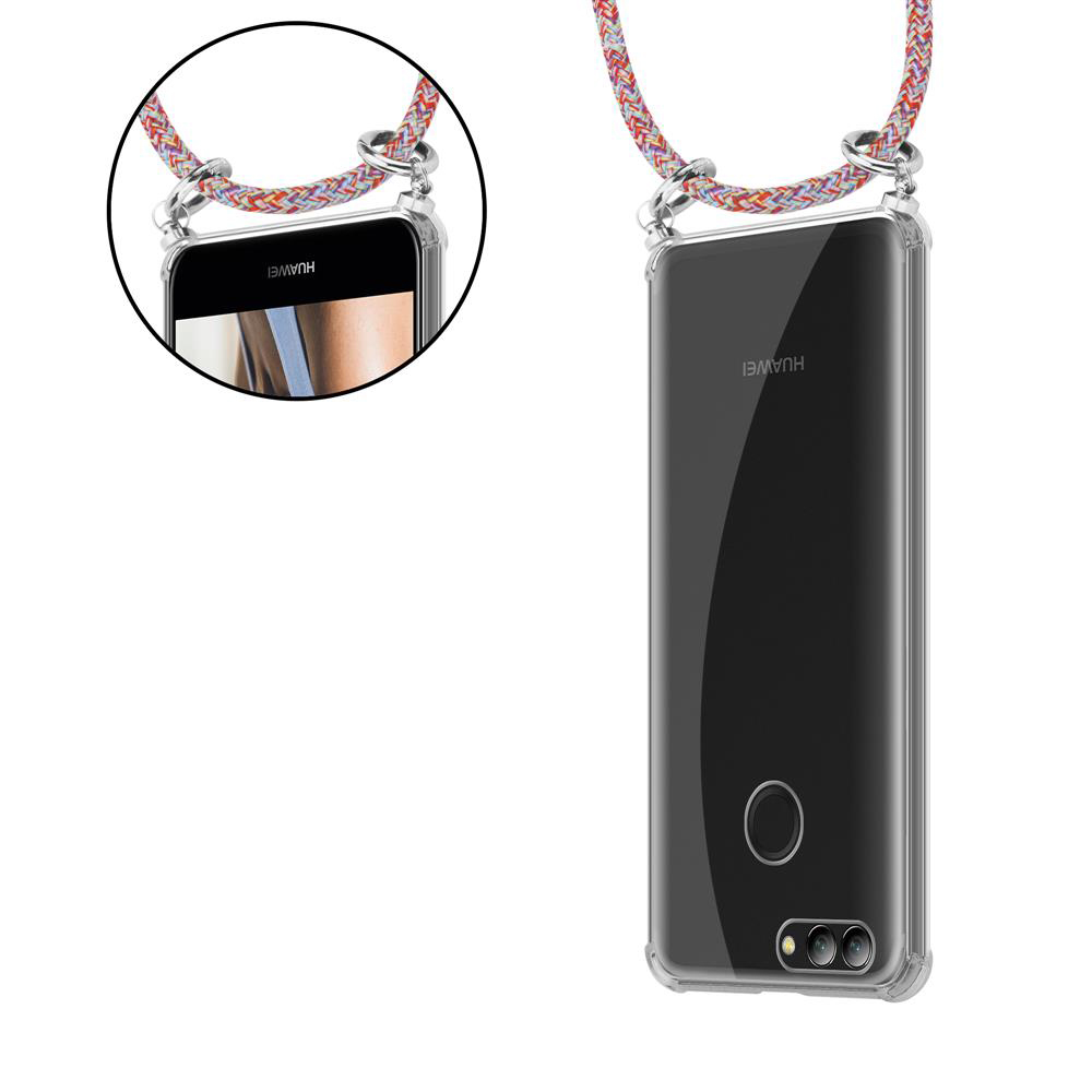 Ein durchsichtiges Handyhülle mit einem bunten Band, das an einem Huawei-Telefon befestigt ist.