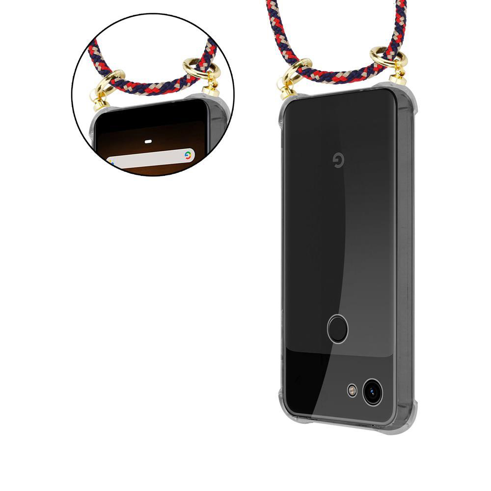 Ein Smartphone in einer durchsichtigen Hülle mit einem bunten Band, das daran befestigt ist.