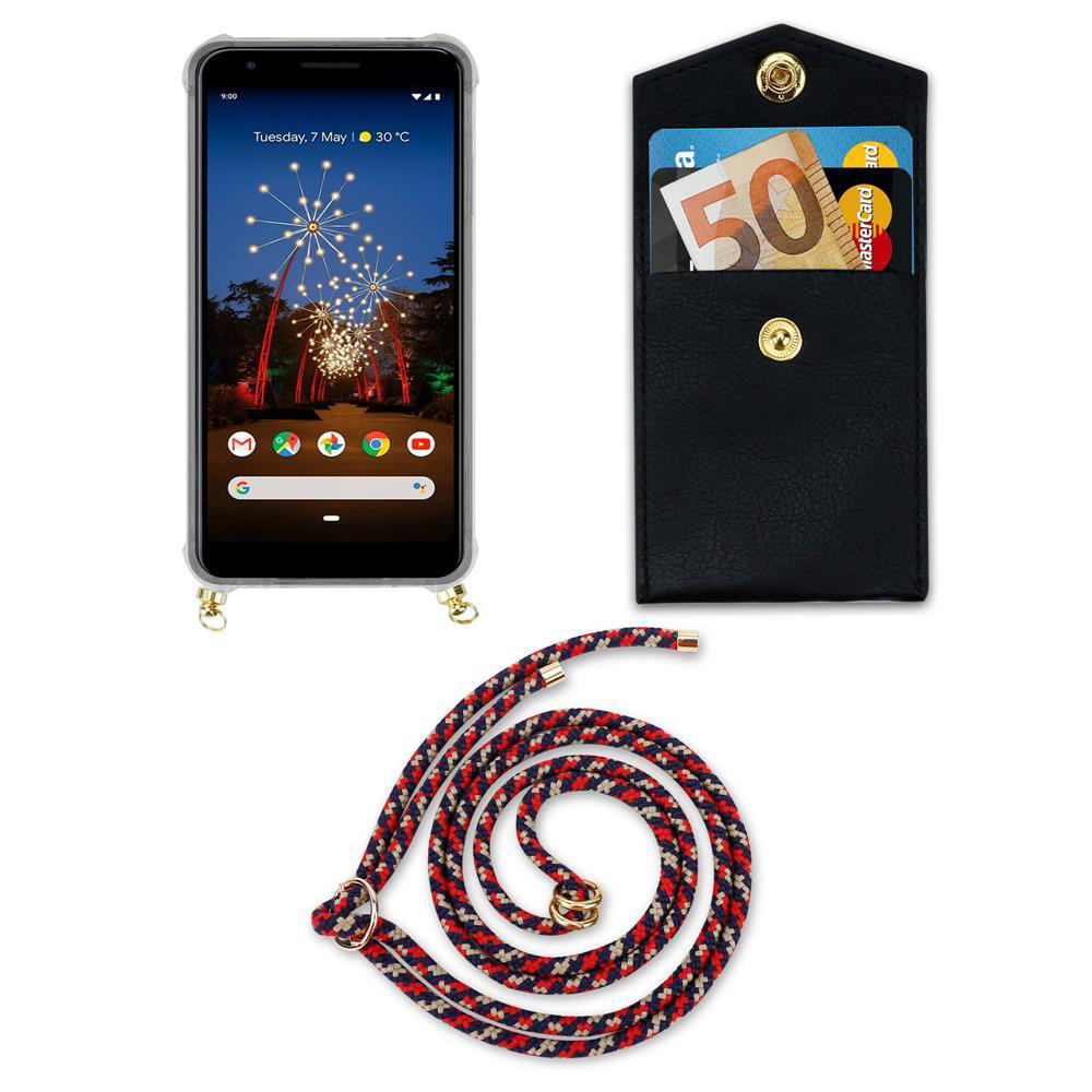 Smartphone mit Lanyard und schwarzer Kartenhalter-Tasche daneben.