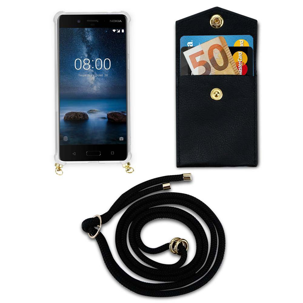 Ein schwarzes Handy mit Hülle, eine Brieftasche mit Geld und Karten, und eine schwarze Kordel.