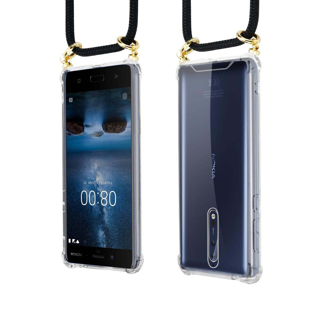 Zwei Smartphones mit Lanyard, eines zeigt den Bildschirm, das andere die Rückseite.