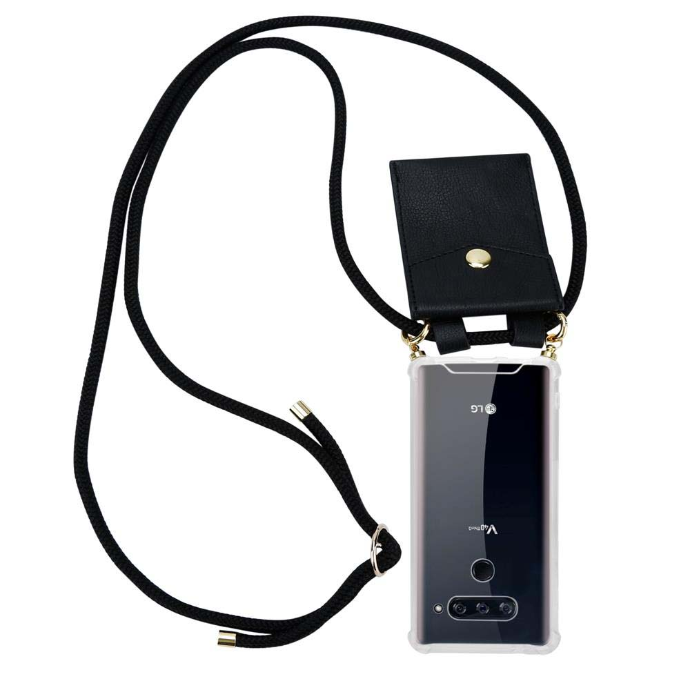 Schwarze Handyhülle mit Lanyard und kleiner Tasche, weiße weiße Umrandung.